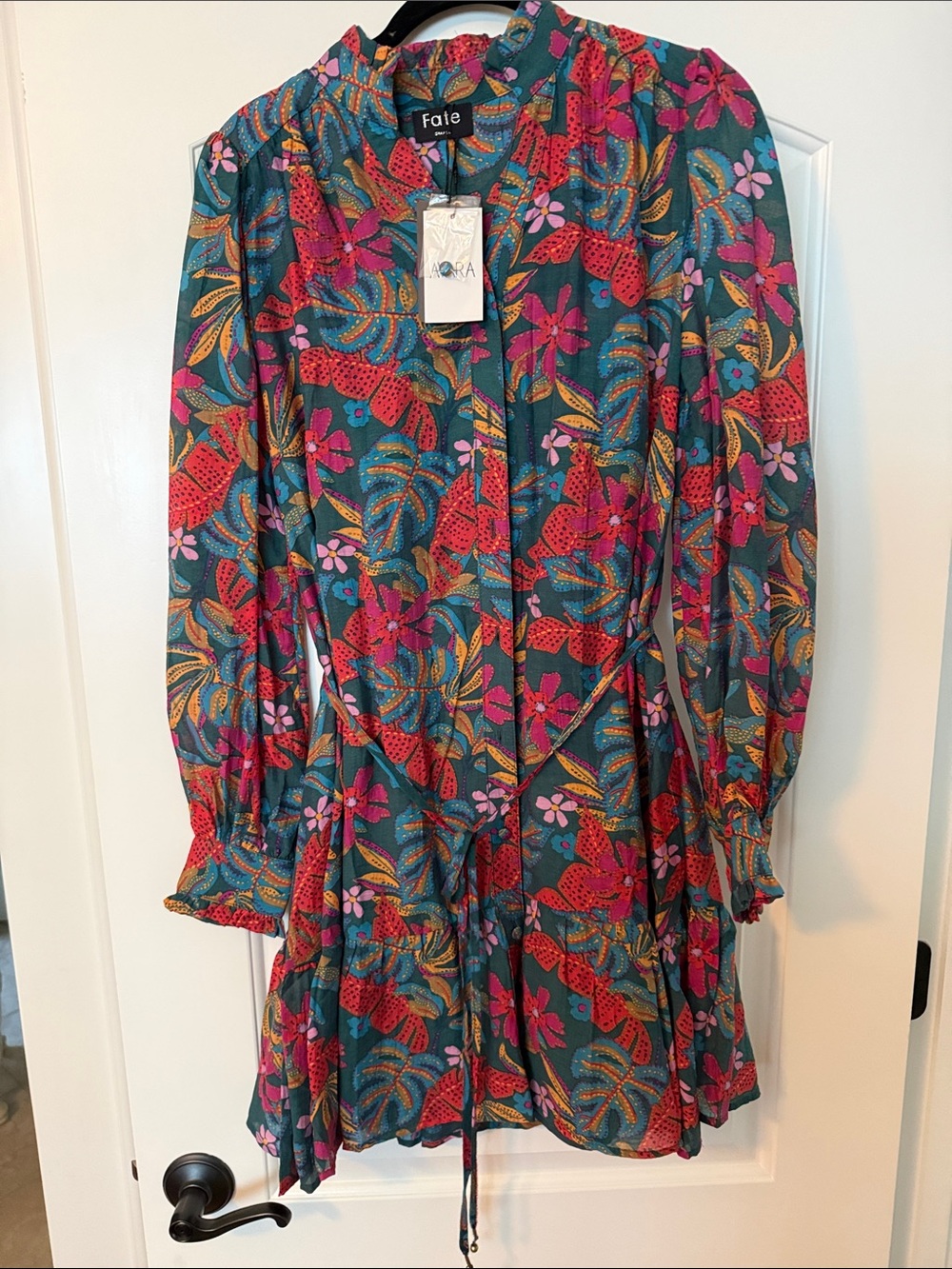Fate Teal Floral Tie-Waist Long Sleeve Dress with Pink & Red Accents